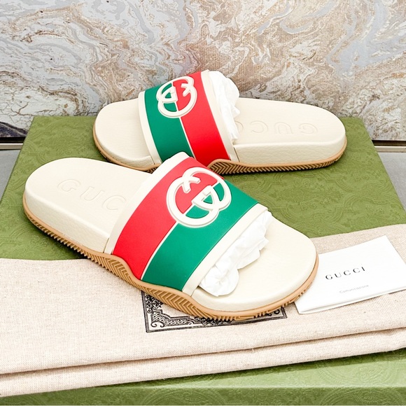 New! Gucci Rubber Web Interlocking G Slide Sandals - Picture 4 of 9